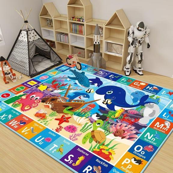Baby Play Mat for Floor, Ocean ABC Kids Play Mat, Sea Animals Kids Rugs for Girls and Boys Playroom, Foldable Kids Rug Mat for Baby Toddler Infants Crawling Playing (47.2X31.5 INCH)