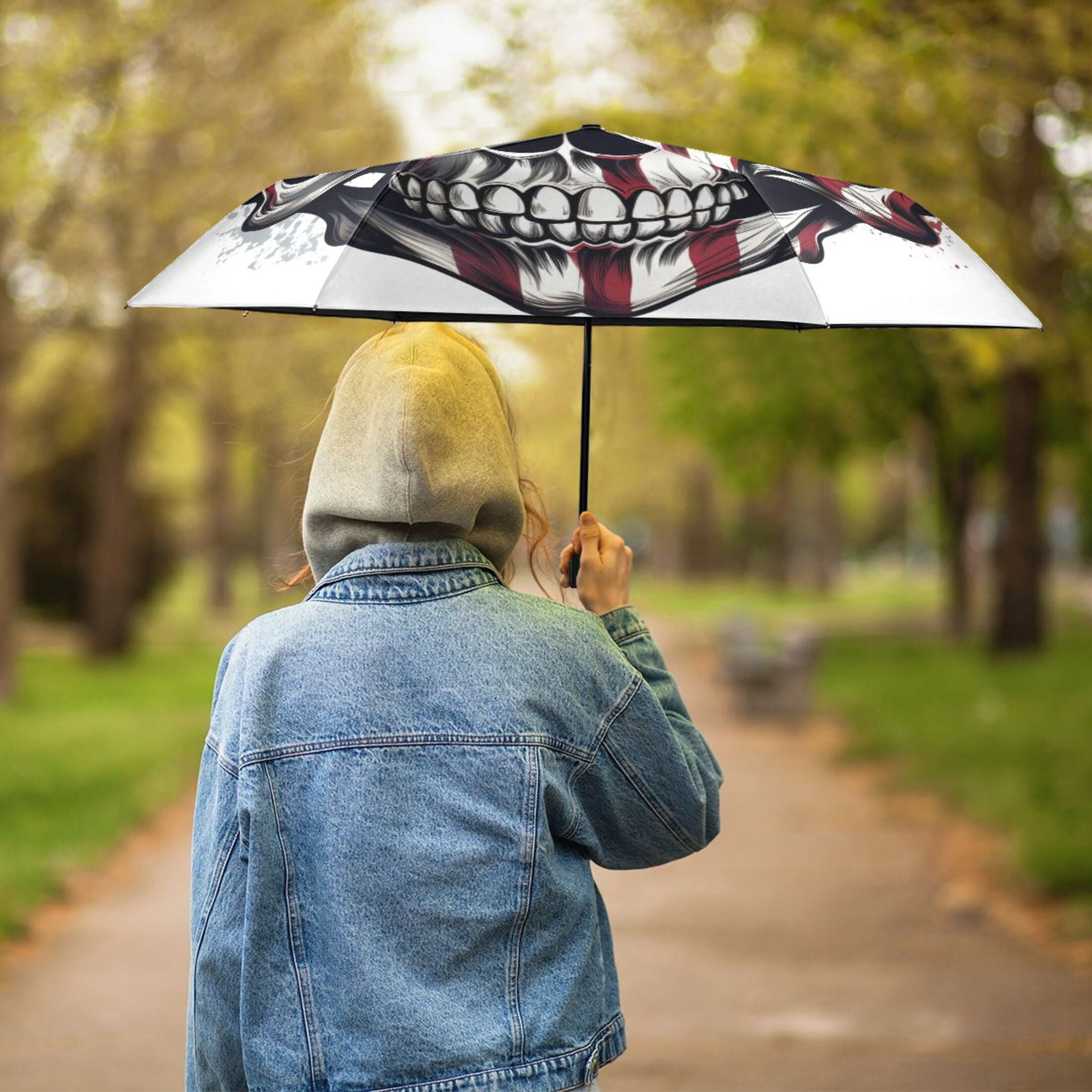 American Flag Skull Compact Sun Umbrella Windproof Travel Umbrellas for Rain Strong Portable UV Protection
