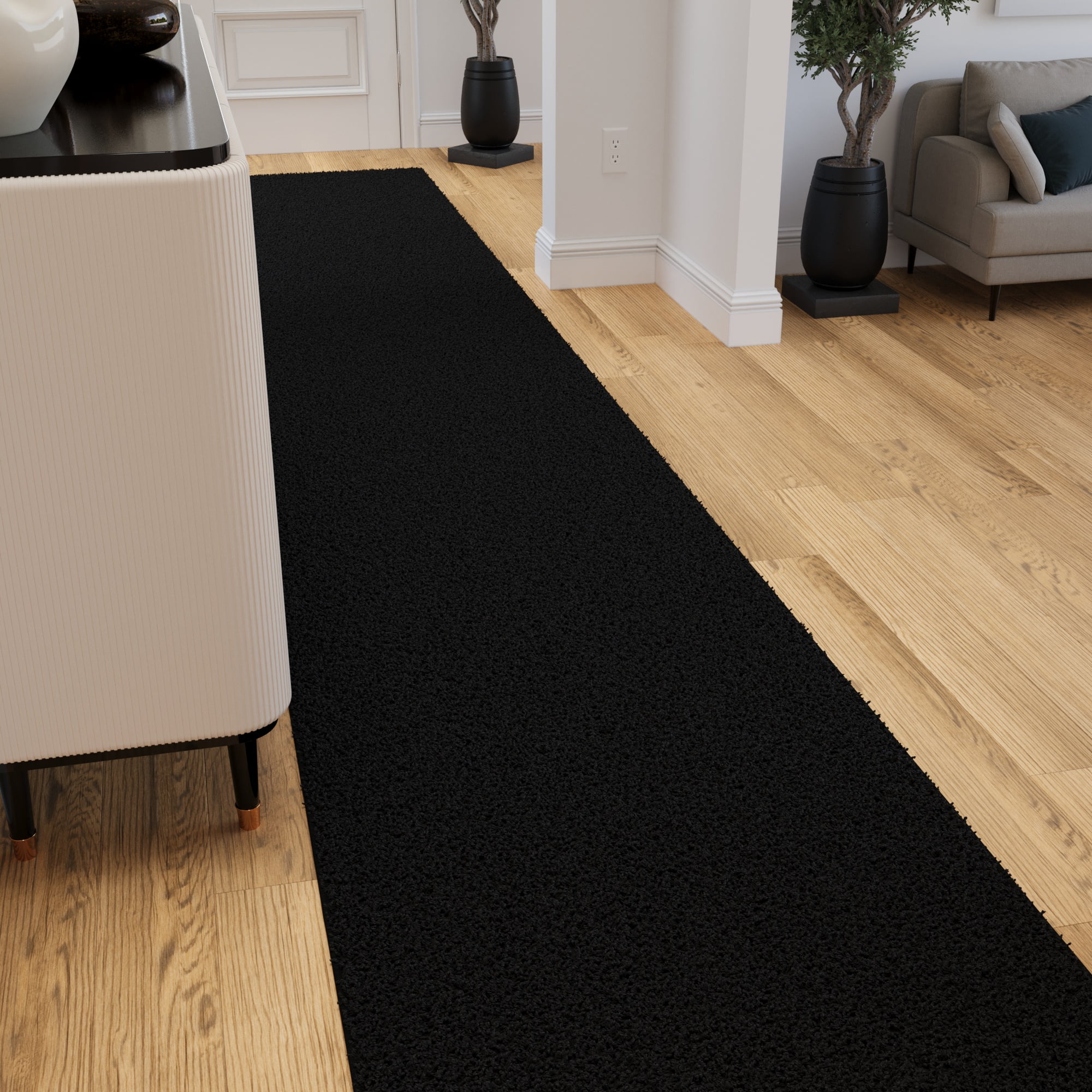 Ottomanson 3x21 Non-Slip Shag Runner Rug Plush Carpet for Bedrooms & Hallways, 3' x 21', Black