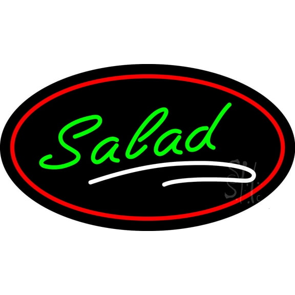 Green Salad Oval Red LED Neon Sign 13 x 24 - inches, Clear Edge Cut Acrylic Backing, with Dimmer - Bright and Premium built indoor LED Neon Sign for restaurant window and interior decor.