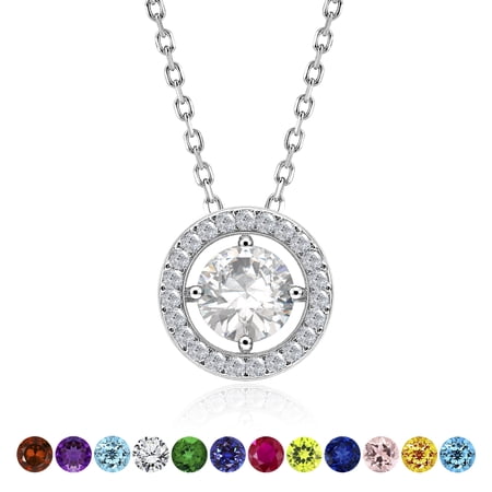 JeenMata Solitaire 1 Carat Round Cut - Moissanite - April Birthstone Halo Pendant Necklace 18k White Gold over Silver, Adult, Female