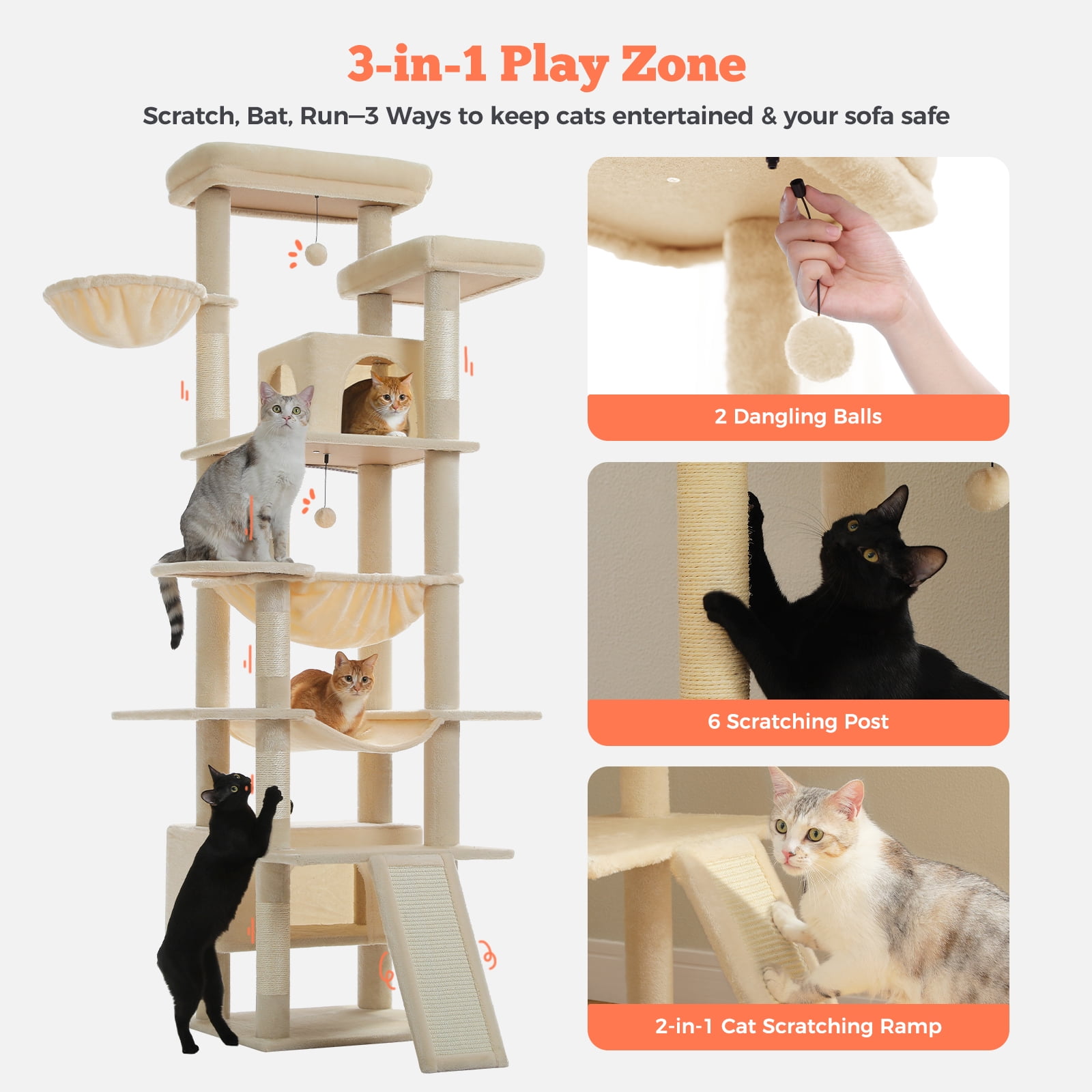 Pefilos 81" Tall Cat Tree for Indoor Cats, Multi-Level Cat Tower with Metal Frame Hammock, Scratching Ramp, 2 Top Perches, 2 Cozy Condos & 6 Scratching Posts, Beige