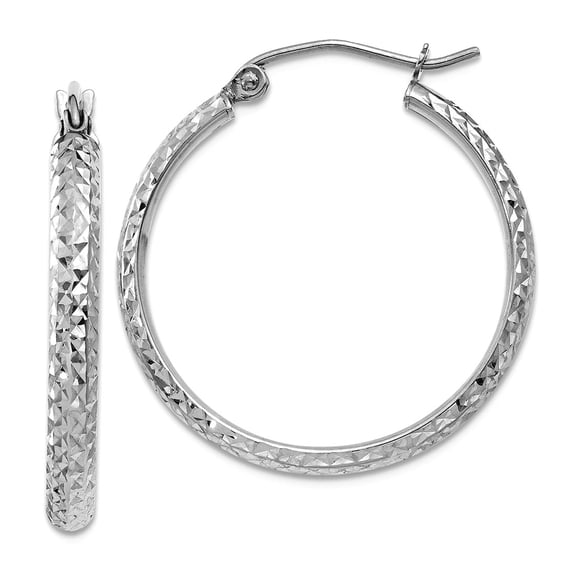 10k White Gold Sparkle-Cut 2.8x25mm Hollow Hoop Earrings 25x25mm Wide 2.8mm Thick Hoop Earring for Women