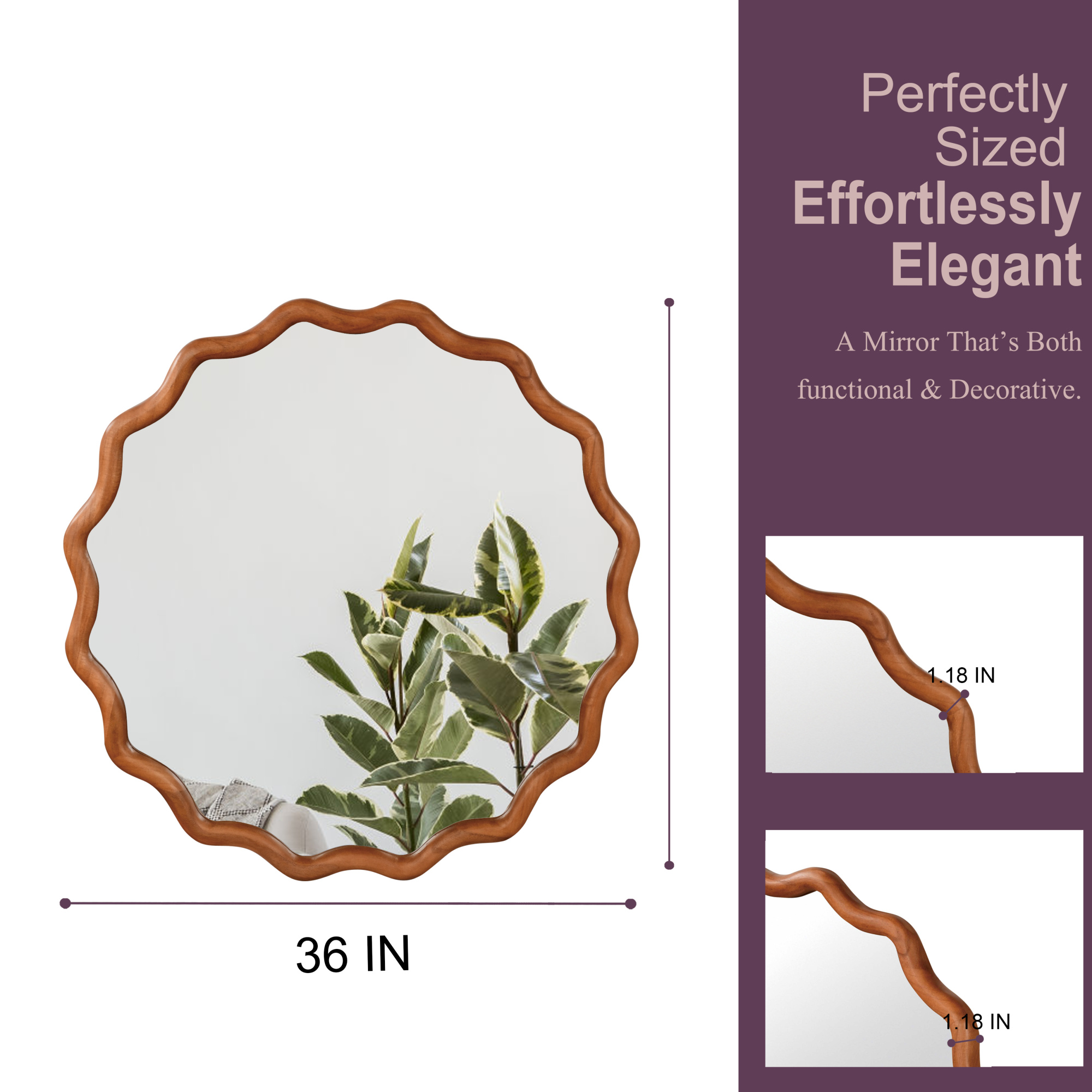Leumius 36" Wavy Round Mirror, Solid Wood Frame Decorative Mirror for Bedroom Bathroom Living Room Entryway Brown