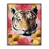 Stupell Industries Tiger on Dahlia Florals Animals Painting Black Framed Art Print Wall Art, 24 x 30