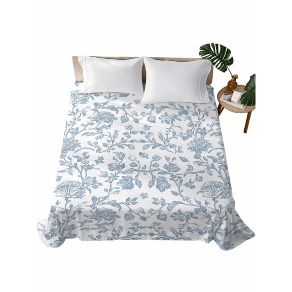 Light Blue Flower Flat Sheets Only Full Size, Soft Breathable Bed Top Sheets for Mattress, Vintage Farmhouse Boho Leaf Spring Luxury Bedding Flat Sheets for Home Hotel Bedroom Bed Protection