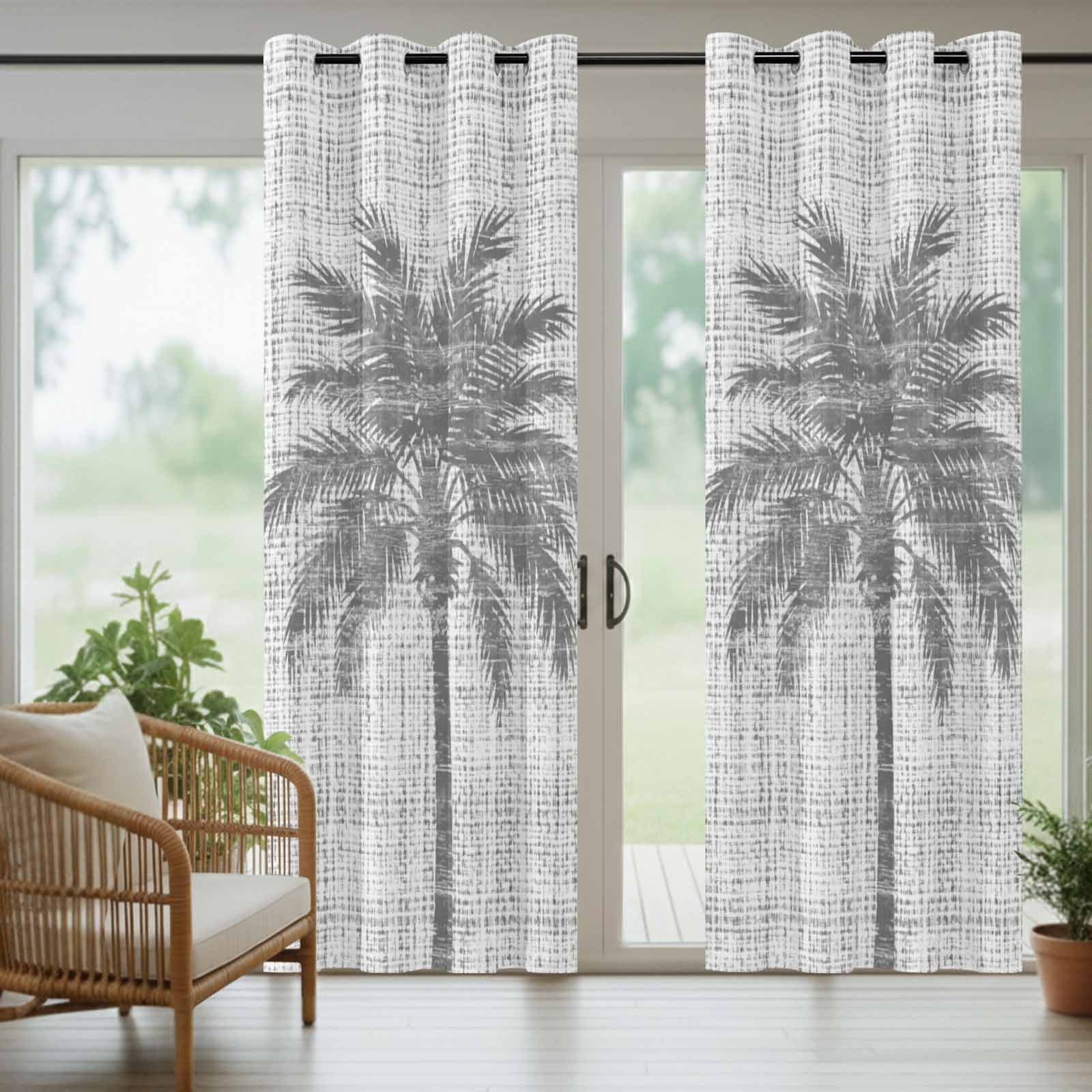 Gray Palm Tree Outdoor Curtains for Patio, Country Linen Texture Tropical Plant Vintage Sunshade Privacy Drapes Grommet Waterproof Outside Curtains for Porch/Cabana/Balcony 54"x 108", 1 Panel