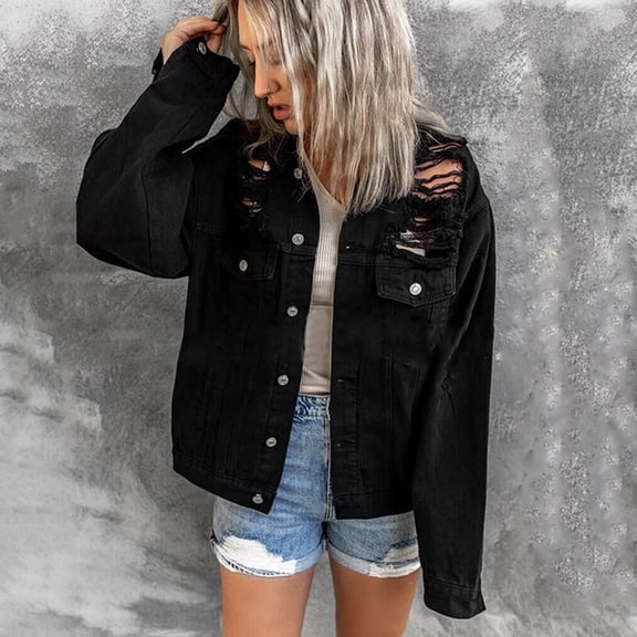 Vedolay Womens Tops Womens Denim Jacket Casual Long Sleeve Jean Jacket with Pockets,Black One Size