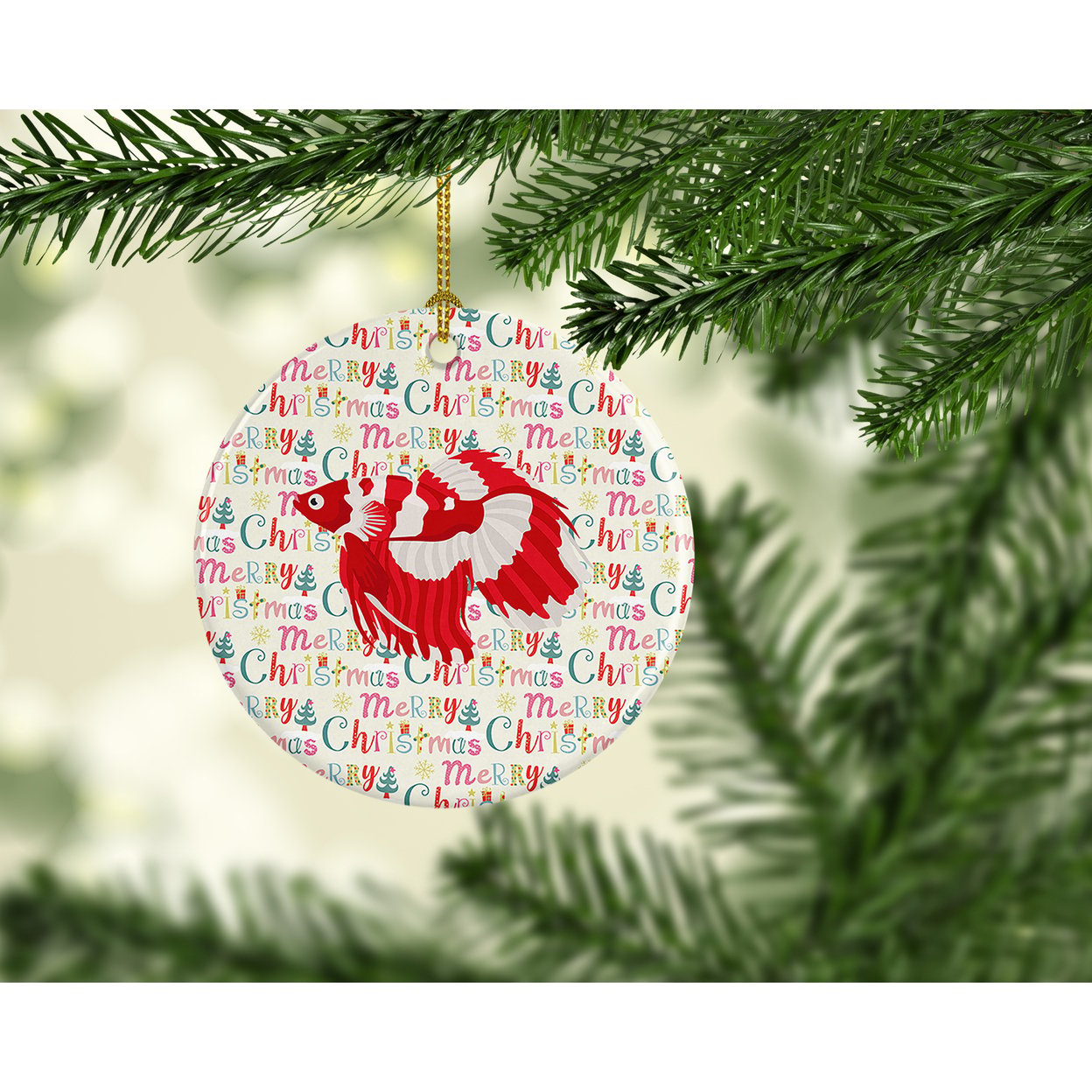Veil Tail Betta Christmas Ceramic Ornament 2.8 in x 2.8 in