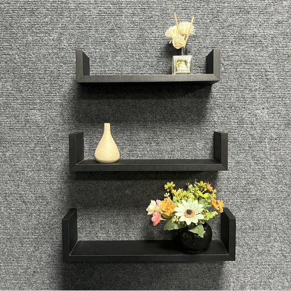 Set of 3 Floating Wall U Shelves Wall Mounted Display Storage Shelf for Home Decor Office, Black