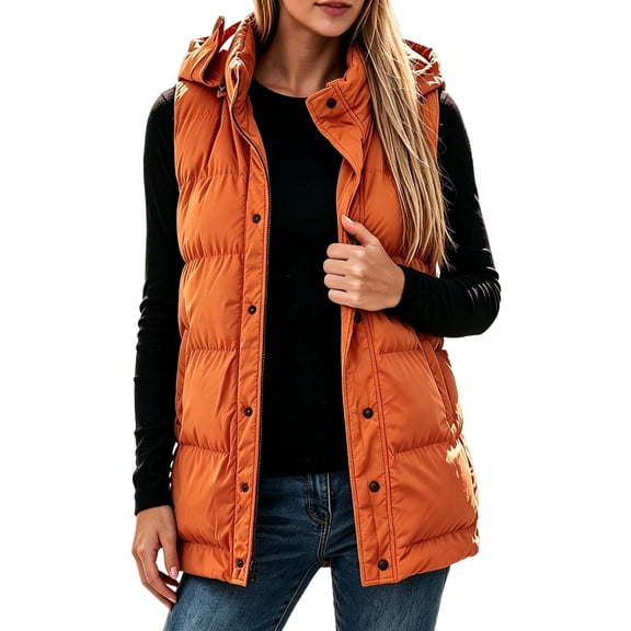 Womens Puffer Vests Hooded Sleeveless Quilted Zip Up Jacket with Snap Button Front and Pockets Cotton Solid Color Warm Outerwear for Outdoor Activities
