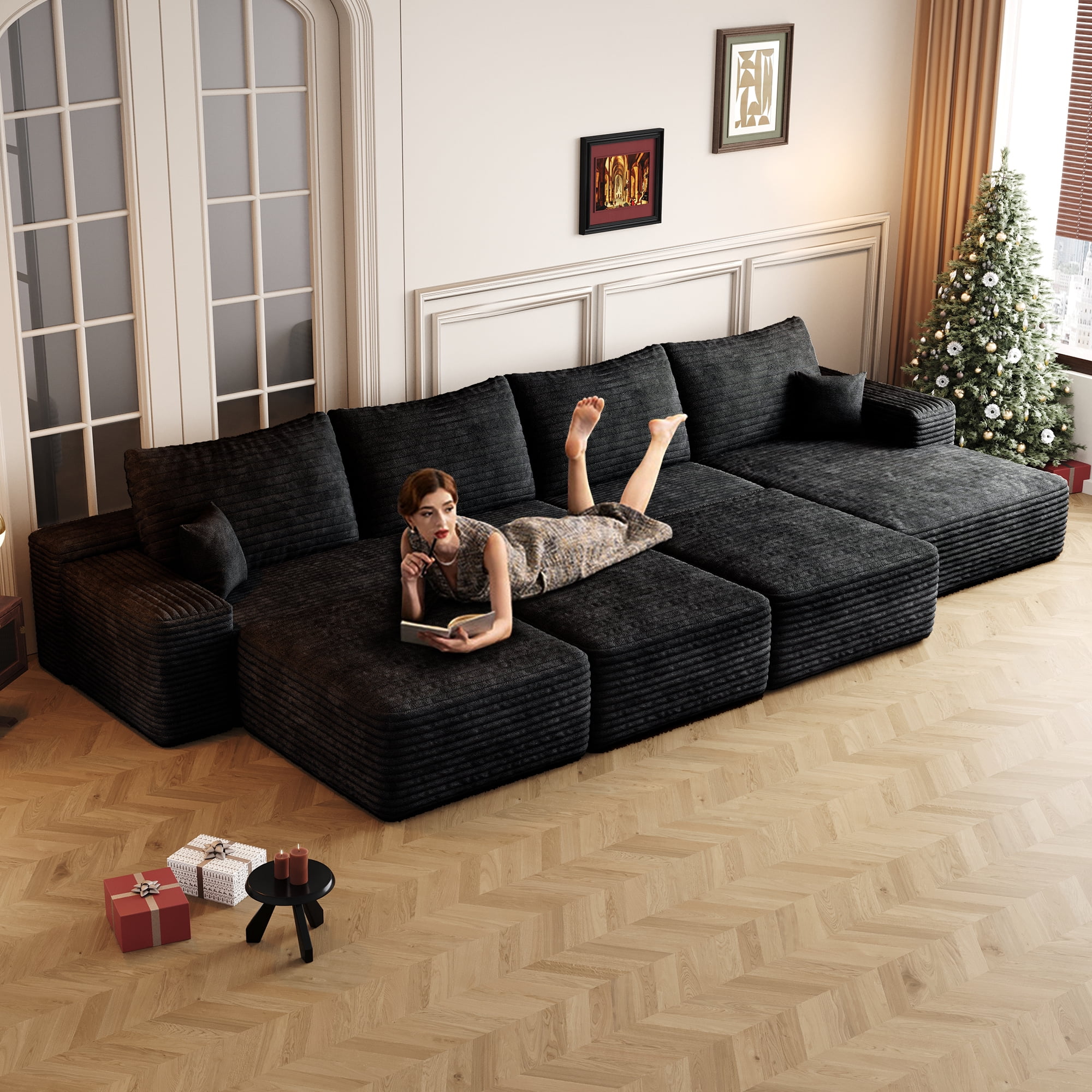 MAYEERTY 135" Black Large 6-Seat Modular Cloud Sofa No Assembly Stylish Oversized Furniture