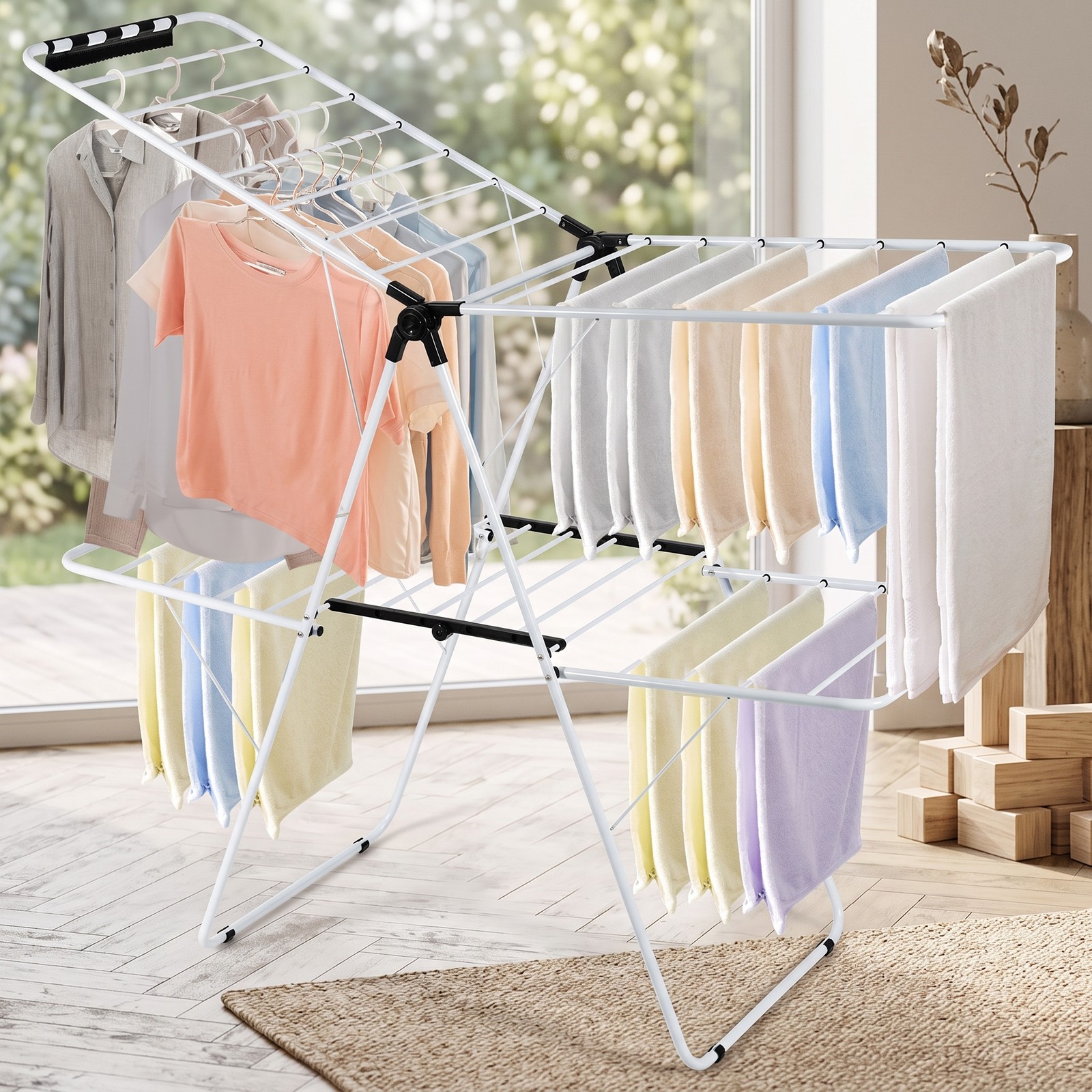 Fenbeli 2-Tier Foldable Clothes Drying Rack, Collapsible Steel Laundry Drying Rack with Adjustable Gullwing Wings for Indoor Outdoor Balcony, Space-Saving, White Black