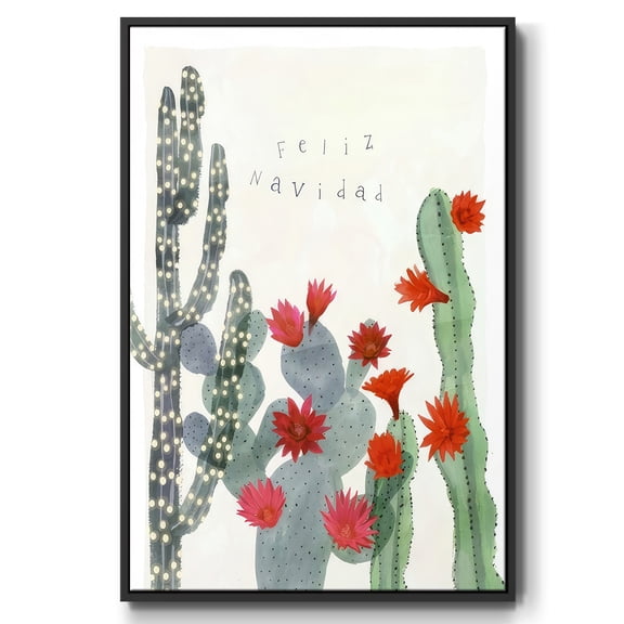 Desert Christmas Cactus II - Framed Gallery Wrapped Holiday Canvas - 17 x 25 - Black Frame