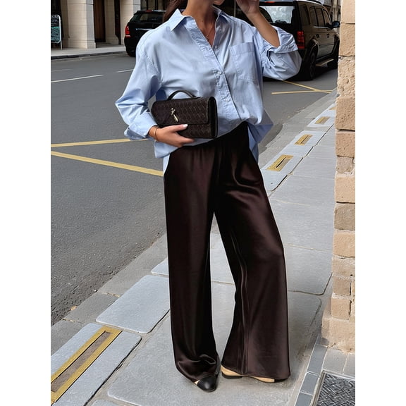 Womens Satin Elastic Waist Wide Leg Long Pants Brown L