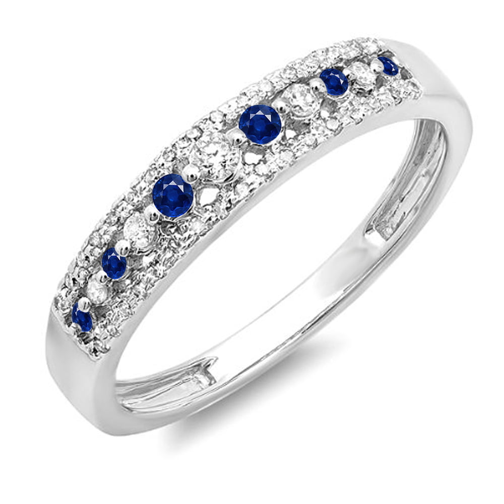 Dazzlingrock Collection 14K Gold Round Blue Sapphire & White Diamond Ladies Vintage Style Anniversary Wedding Band