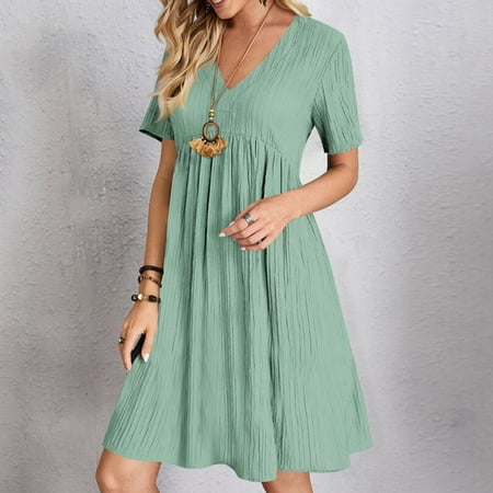 FDGIU ‌2025 Women s Boho Tiered Swing Dress‌ - Summer V-Neck Ruffle Sleeve Midi Dress with Pockets | Lightweight A-Line Sundress