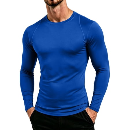 Ceisia Mens Solid Raglan Crew Neck Long Sleeve Compression Fitness Base Layer T-Shirt (Blue XL) Father s Day Gift