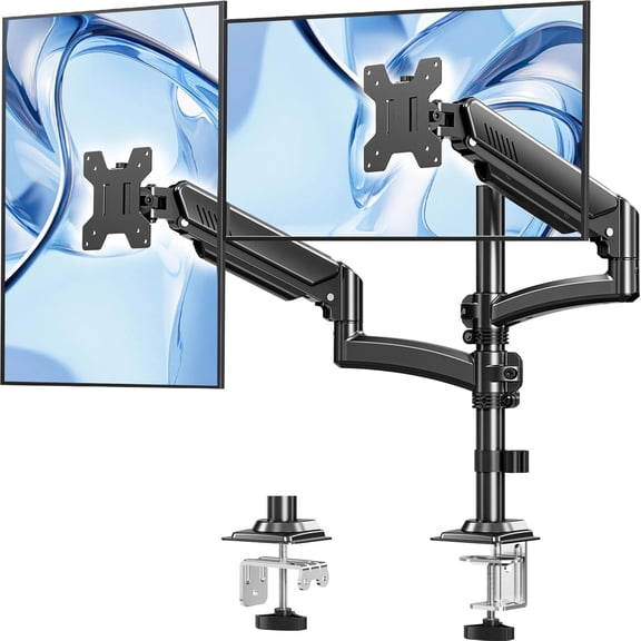 Black Gas Spring Dual Monitor Desk Mount Stand for Screens up to 32 Inch, Holds 22 Lbs Per Screen, Height Adjustable VESA Monitor Arm with C-Clamp & Grommet Two Mounting Options