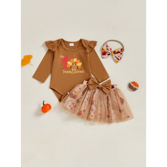 Baby Girls Thanksgiving Outfits Letter Long Sleeve Romper with Turkey Print Tulle Mini Skirt and Bow Headband