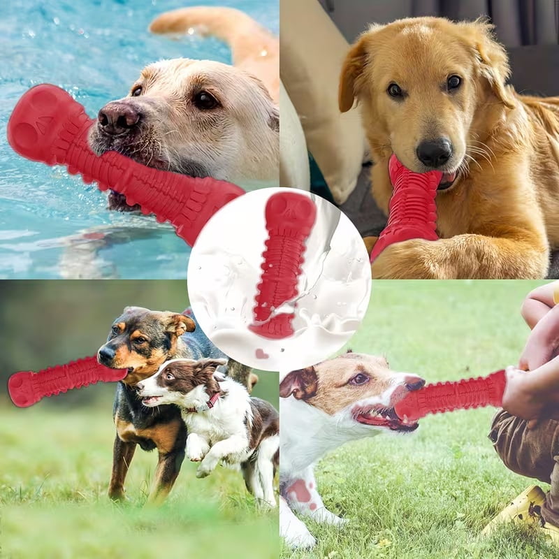 1 Indestructible Natural Rubber Chew Toy for Large Dogs and Aggressive Chewers - Squeaky Dental Health Toy with Textured Ridges, Durable Interactive Play Red Chew Bones for Medium Size Dogs, Dog Toys