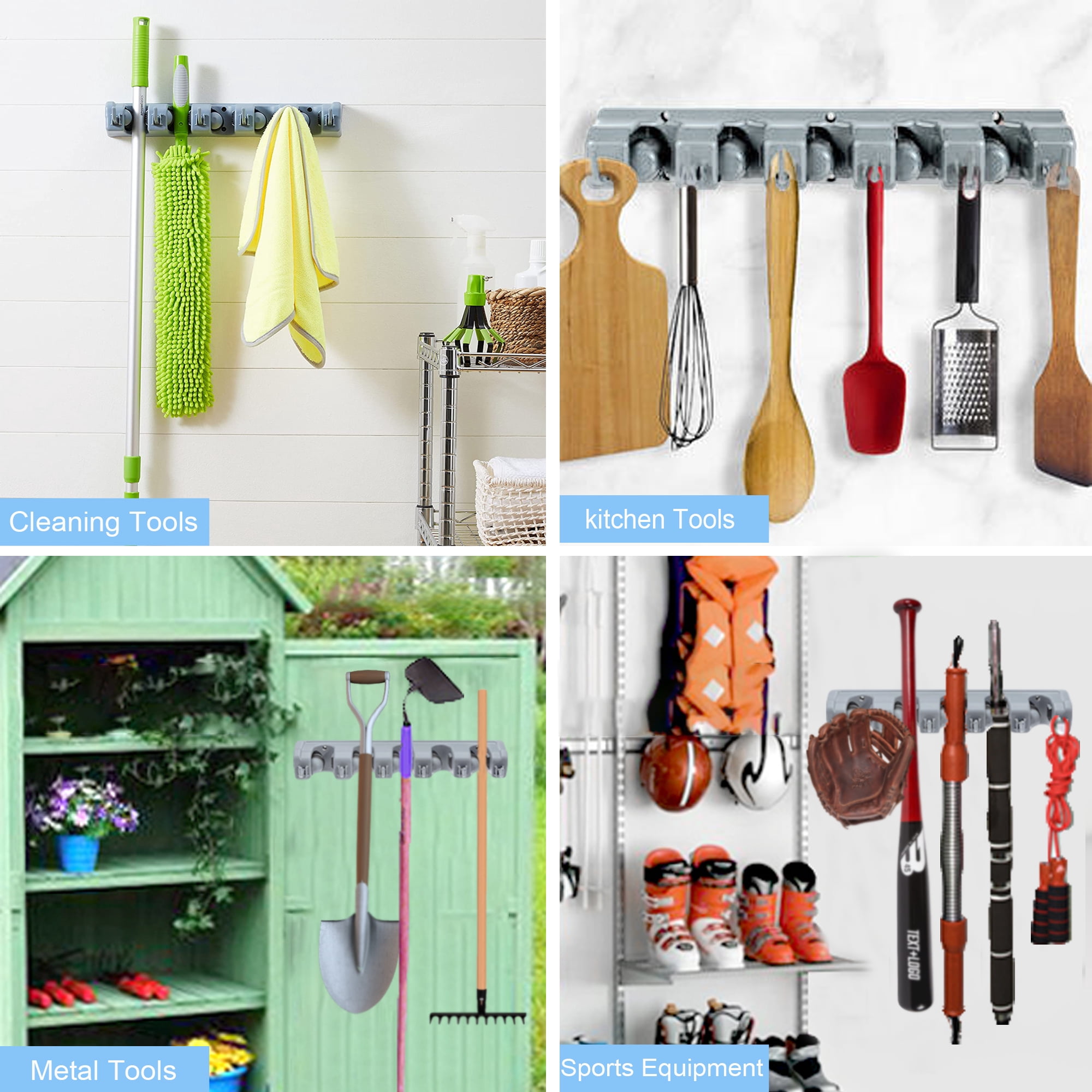 BreezyLife Mop and Broom Holder Wall Mount, Organizer Storage Hooks with 5 Ball Slots and 6 Hooks