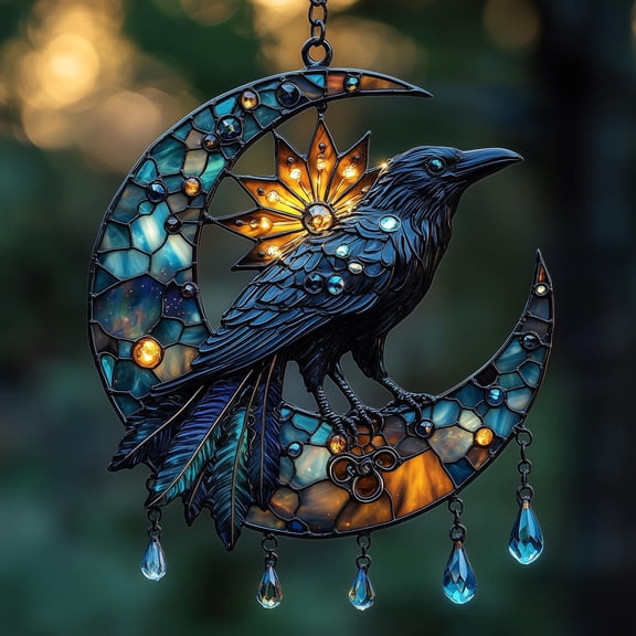 Crescent Moon Raven Acrylic Suncatcher Celestial Faux Stained Glass Window Hanging With Star Mosaic And Teardrop Charms, Halloween Decor