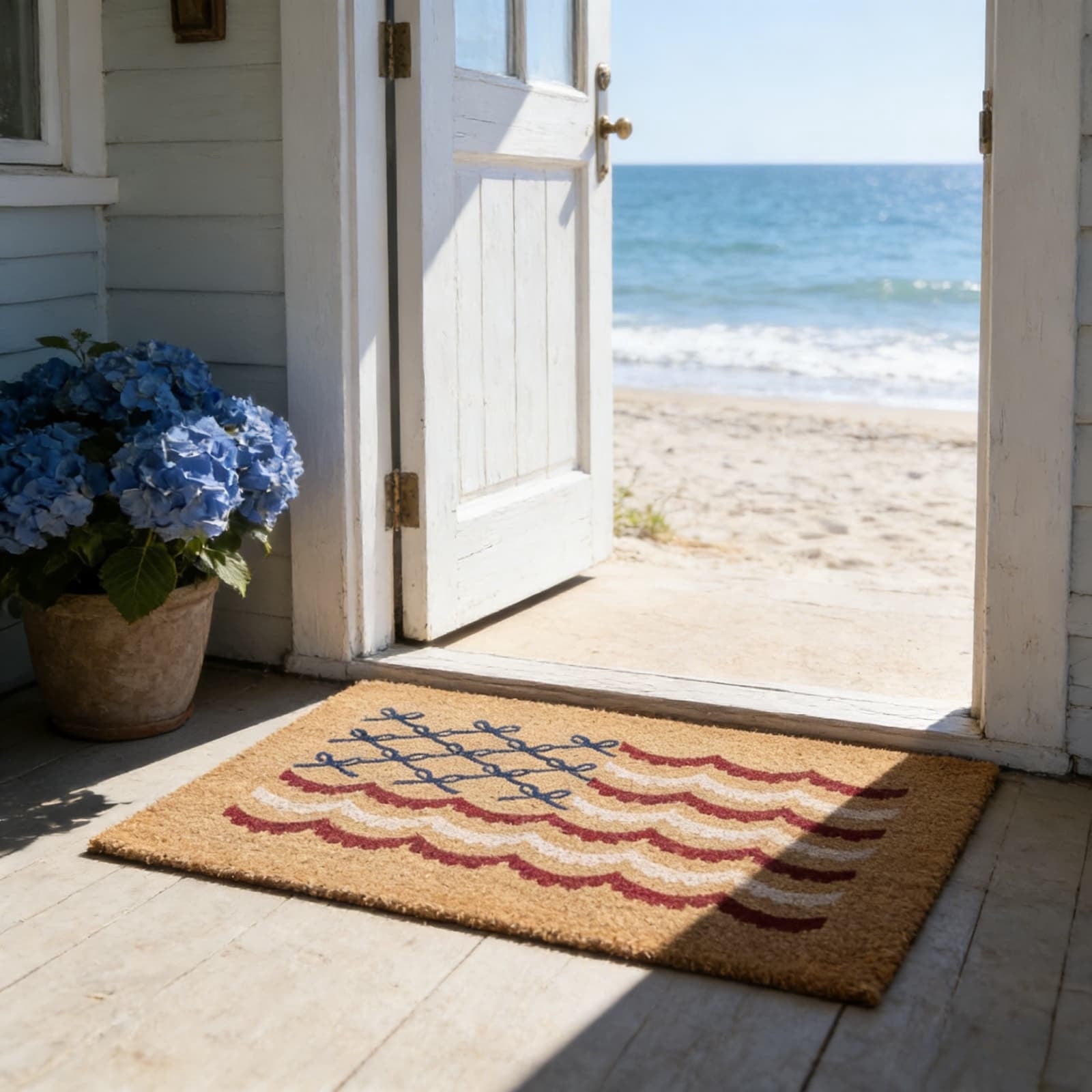 Nautical Rope Knot Flag Coir Doormat，Blue and White and Red, 48" x 30"， Non-Slip Entryway Welcome Mat for Front Door Porch Patio