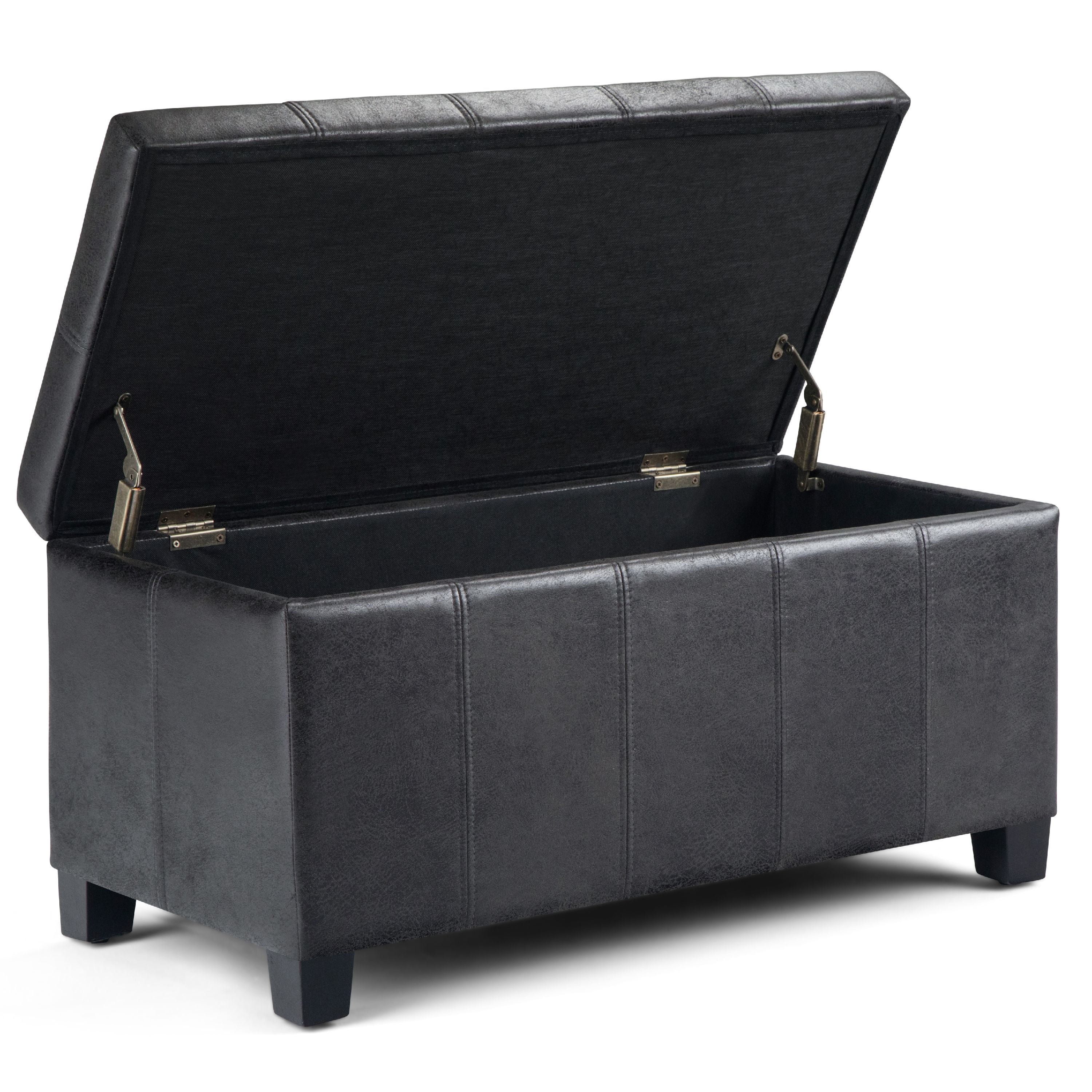 Dover 36 inch Wide Contemporary Storage Ottoman Bench in Distressed Black Vegan Leather