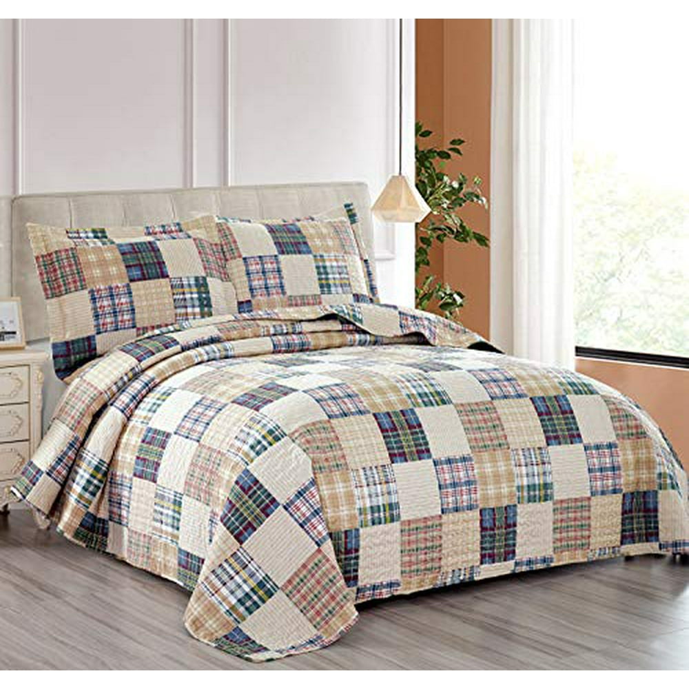 Beige Plaid Quilt Set Twin Size Country Patchwork Bedding Quilt