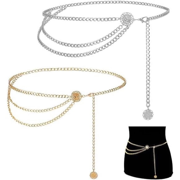 2PCS Silver/14K Gold Waist Chain Belt Plus Size, Plated Multilayer Body Belly Chain with Pearl Charms, Minimalist Elegant Fashionable Waist Chain Belt Suitable for Parties Banquets Dance Accessories