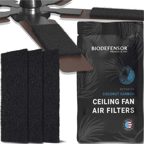 Biodefensor Ceiling Fan Filters, Activated Carbon Pads, Easy Install, Captures Dust, Odors, Airborne Particles (3-Pack)