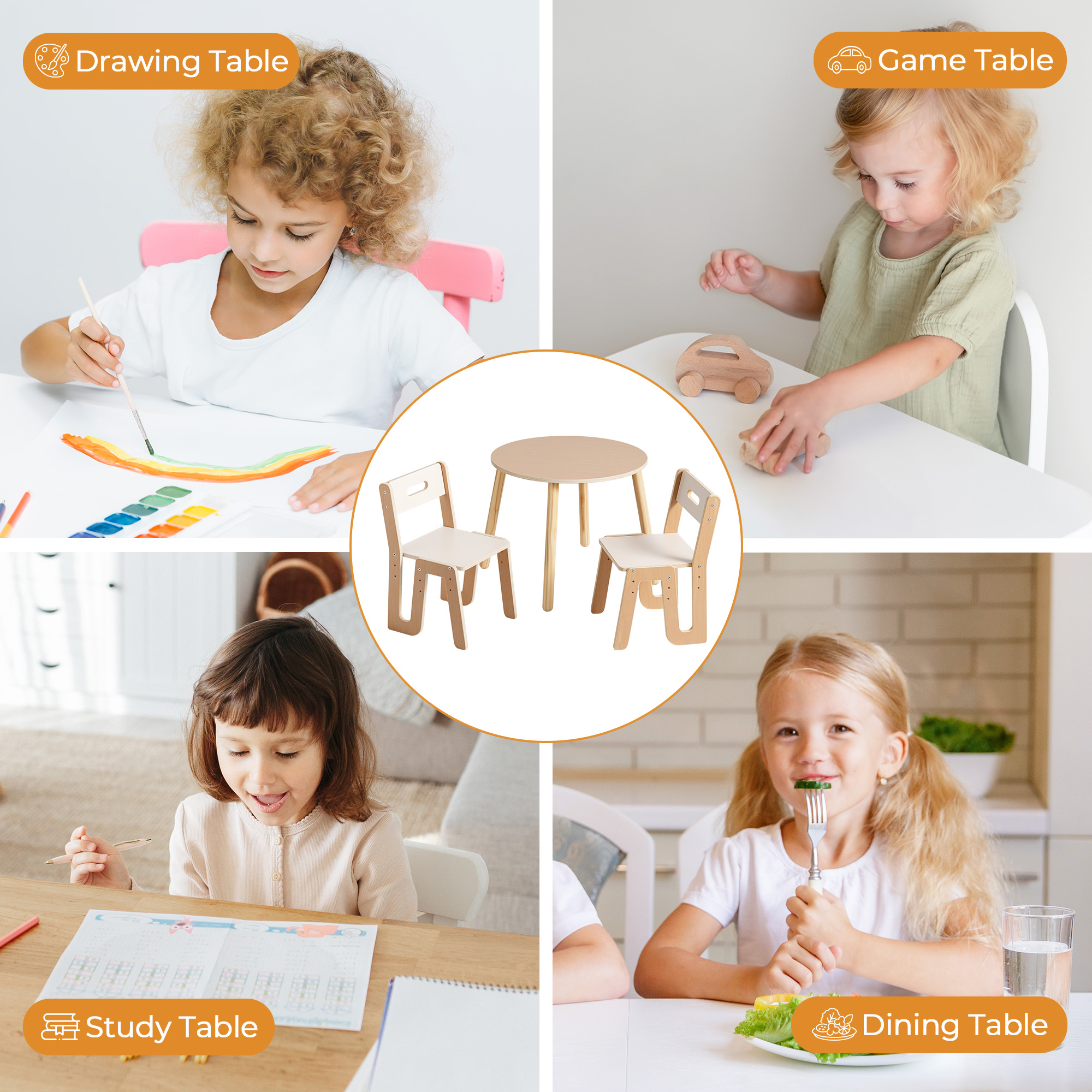 Robud Wooden Toddler 2 Chair and Talbles Set, Sturdy Round Table  Erasable Graffiti Desktop Kids Chairs, Classroom/Daycare/Home, Children Multi-Activity Table for Ages 3+