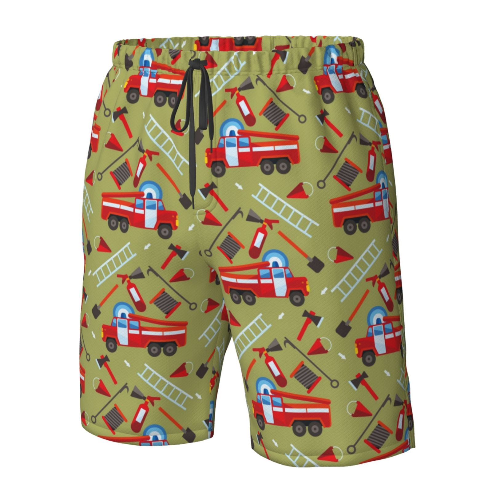 Vsdgher Cartoon Fire Truck Men's Beach Shorts, Surfing shorts, Swim trunks, Quick Dry Swim Trunks for Surfing Beach Fun -Medium