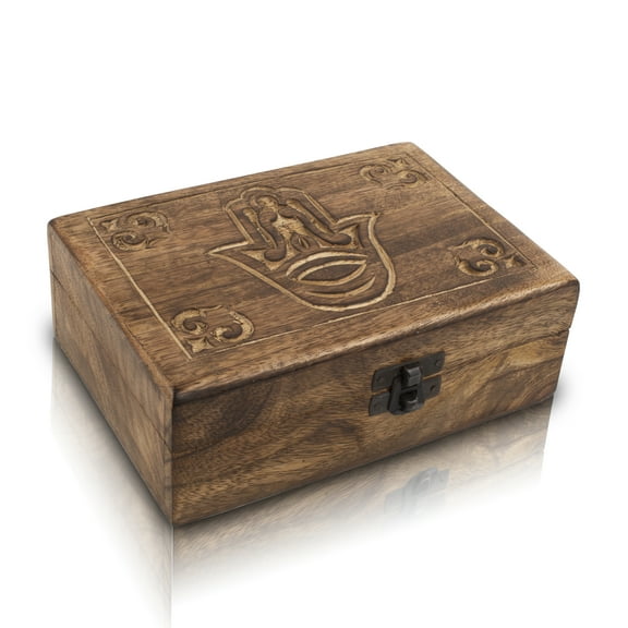 Great Birthday Gifts Handmade Decorative Wooden Jewelry Box Hamsa Hand Carving Jewelry Organizer Keepsake Box Treasure Chest Trinket Holder Watch Box Storage Lock Box 7 x 5 Inches Housewarming Gift