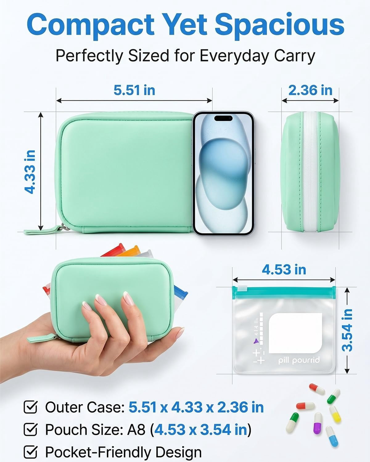 A8 Waterproof Pill Organizer & Travel Medicine Case with 14 Color-Coded Pouches, Leakproof Zippered Daily Pills Holder for Travel (Black)