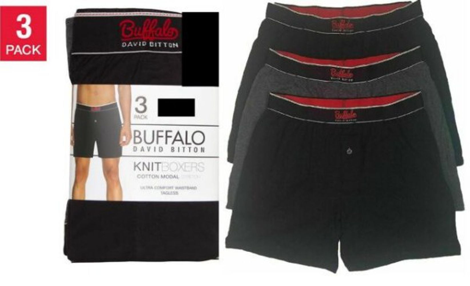 Buffalo David Bitton Mens 3 Pack Knit Boxers (Large, Black/Black/Grey) - NEW