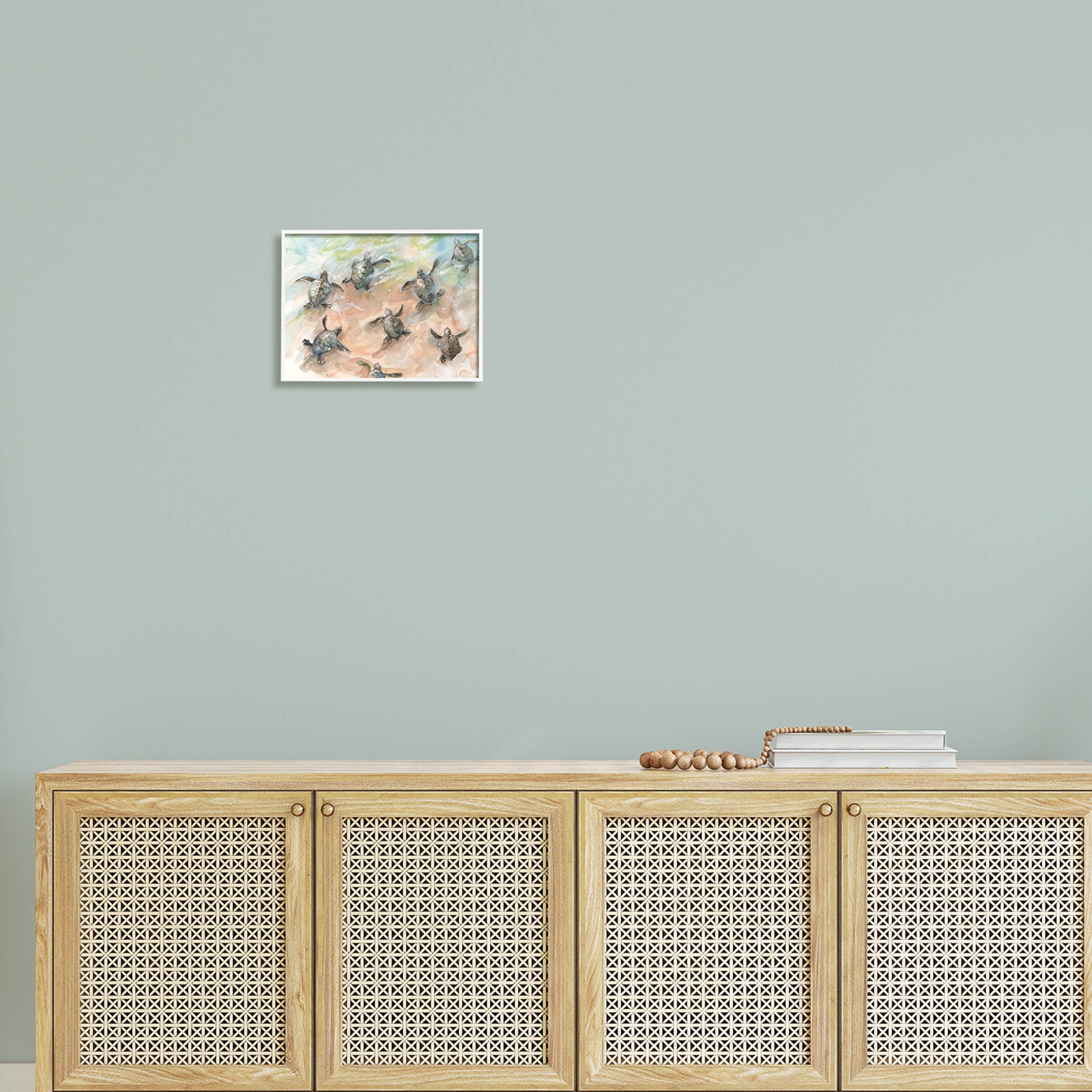 Baby Sea Turtles Swimming Shore Animals & Insects Painting White Framed Art Print Wall Art