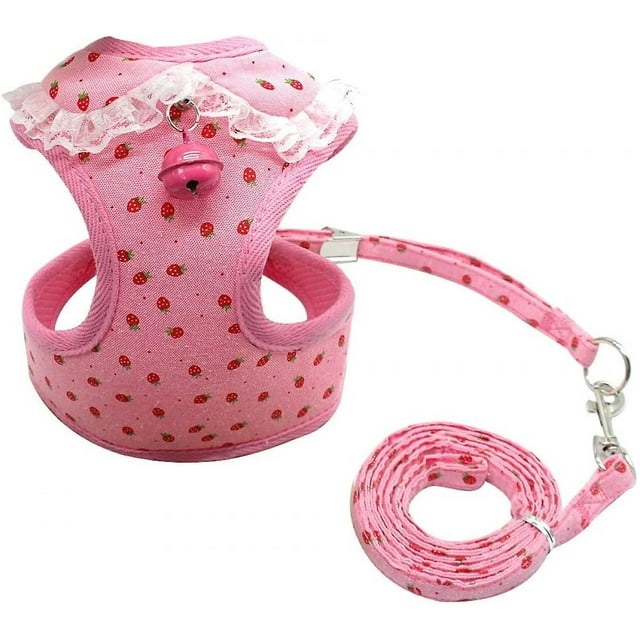 Arnés y correa de chaleco de malla ajustable para mascotas con linda campana para cachorros, perros y gatos pequeños y medianos, fresa rosa, S: cofre 9.5-14quot; Feliz Sencillez