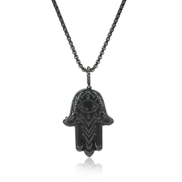 COAI Mens Womens Black Obsidian Stone Hamsa Hand Pendant Necklace ...