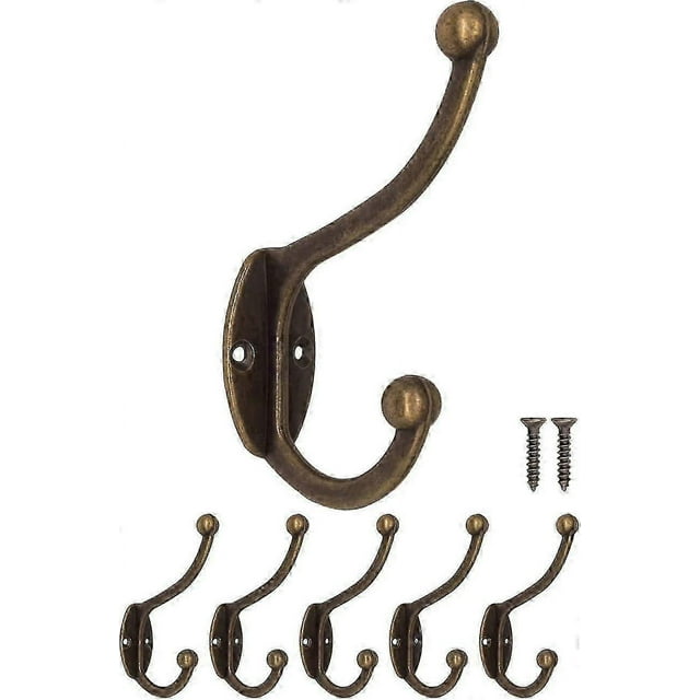 Antique Coat Hooks, Cast Iron Brass Bronze Design; Vintage Country Retro House, Set Of 5