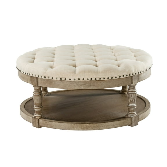 36" Round Ottoman, Tina's Home Open Shelf Storage Botton Nailhead Solid Wood Leg Living Room Linen