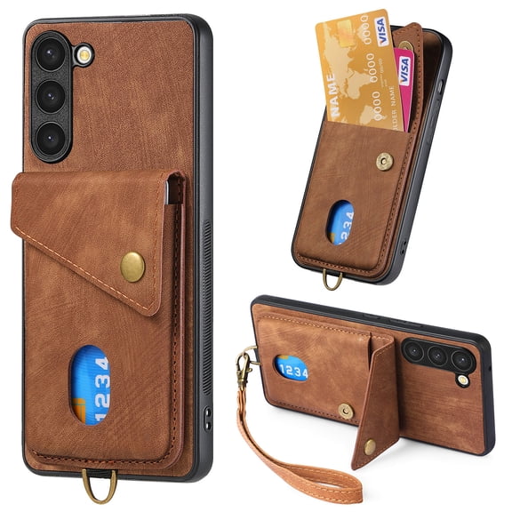 Nalacover for Samsung S23, Slim Case Wallet with Credit Card Holder, Back Flip Premium Leather Magnetic Clasp Kickstand Wirst Hand Strap Shockproof Cover for Samsung Galaxy S23, Brown