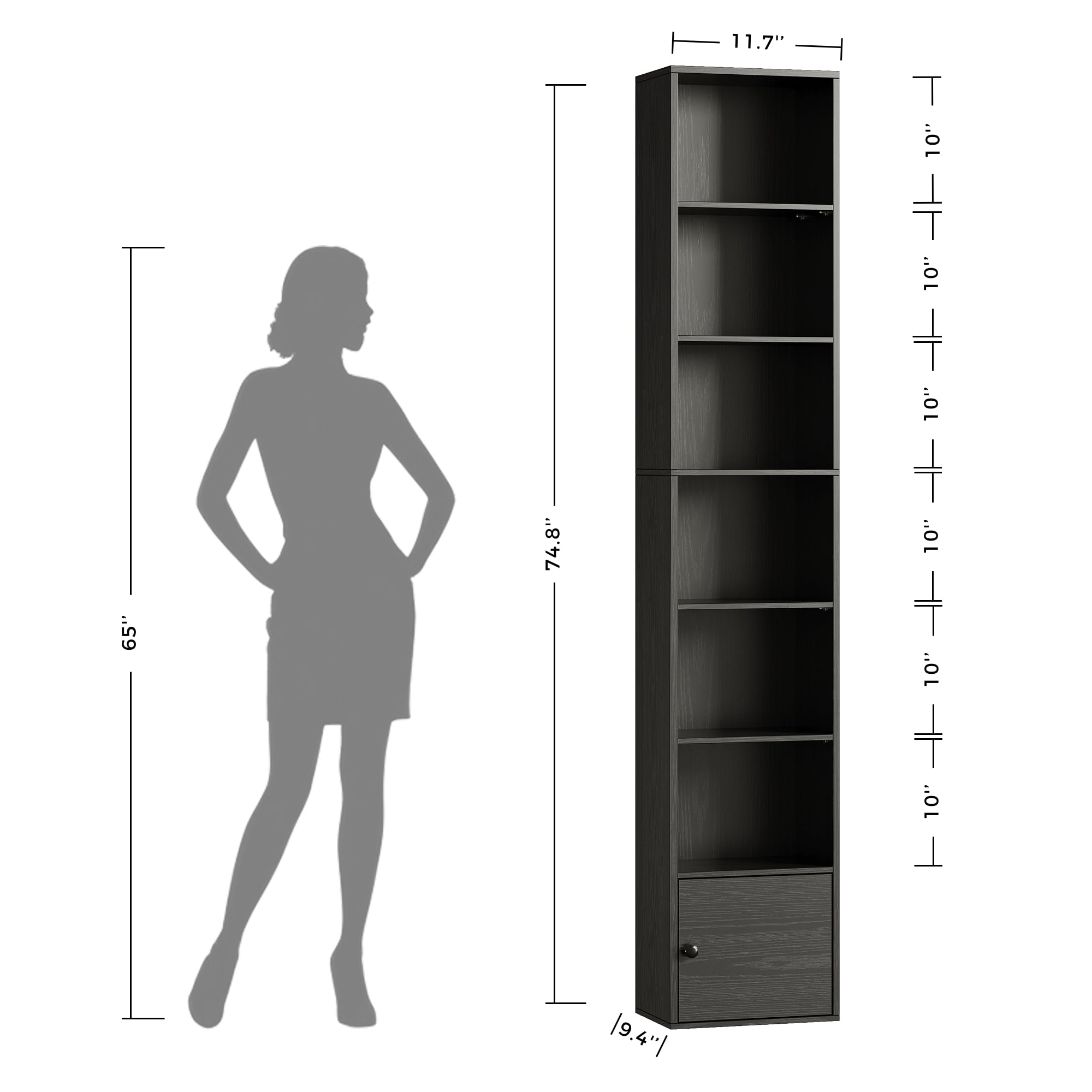 IRONCK 74.8" Tall Narrow Bookcase, 6 Tiers Open Adjustable Shelf and 1 Storage Cabinet for Home Office, Black