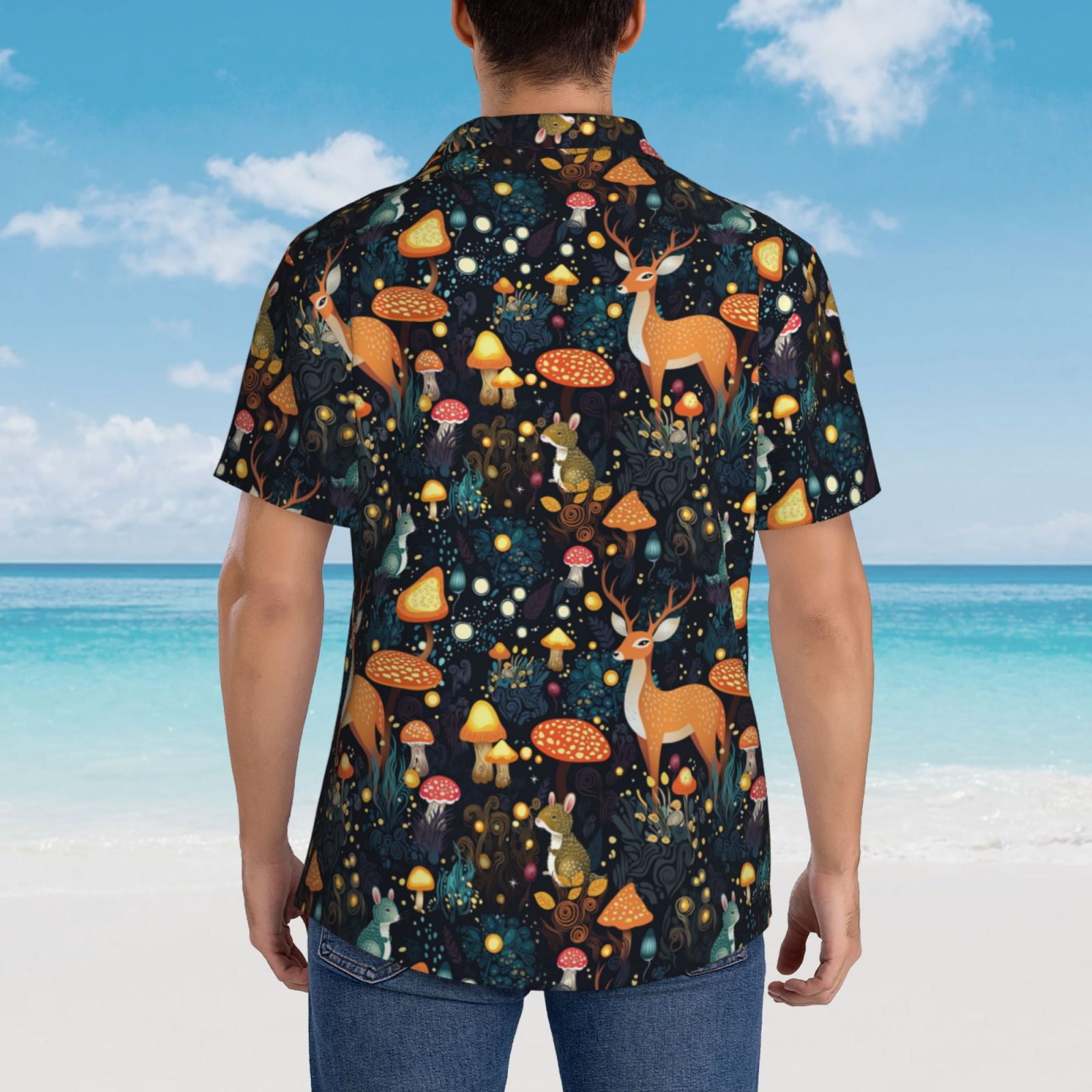 Gukieu Forest Elf Print Men's Short-sleeved Shirts, Button-down Lapel Hawaiian Shirts, T-shirts, Beach Vacation Summer Casual Wear,Small