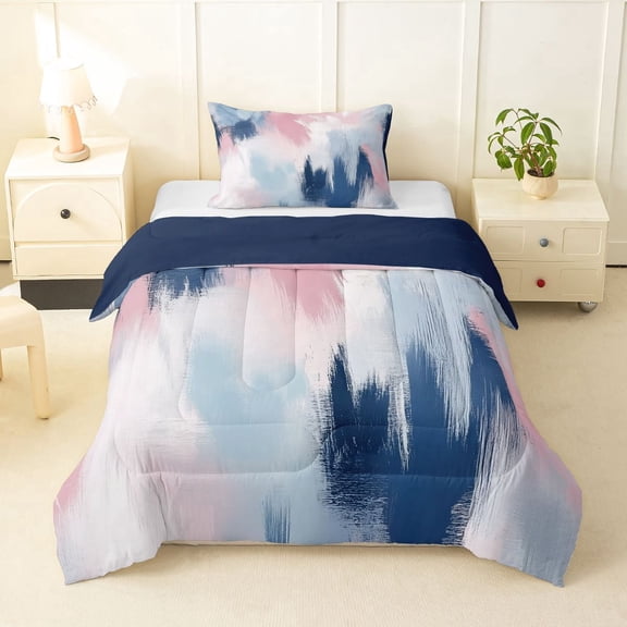 Homewish Aesthetic Patchwork Twin Comforter Sets,Vintage Abstract Art Bedding Set,Pink Blue,Navy Blue Reversible,2-Piece,1 Comforter and 1 Pillowcase