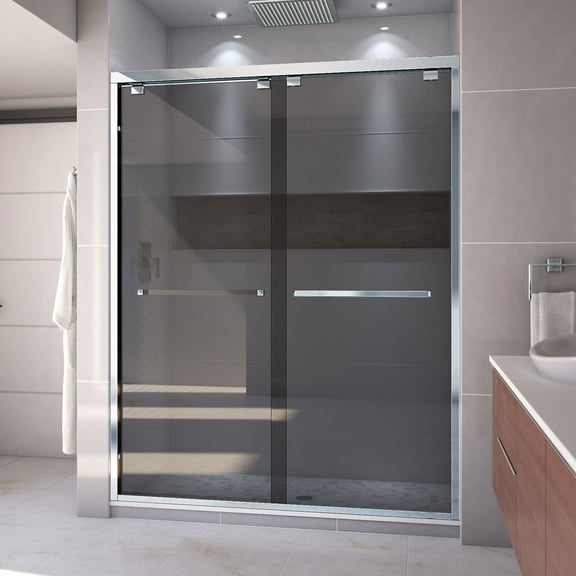 Encore 56-60 Inch W x 76 Inch H Semi Frameless Bypass Sliding Shower Door in Chrome and Gray Glass