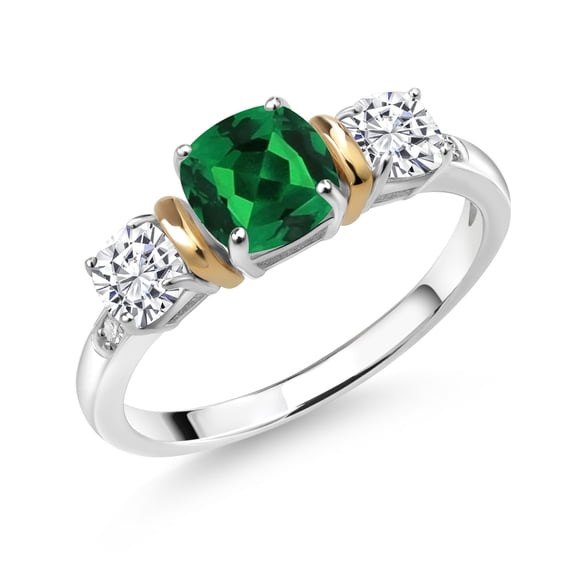 Gem Stone King 925 Silver and 10K Yellow Gold 3-Stone Diamond Ring Cushion Green Nano Emerald and Moissanite (1.66 Cttw, Size 7)