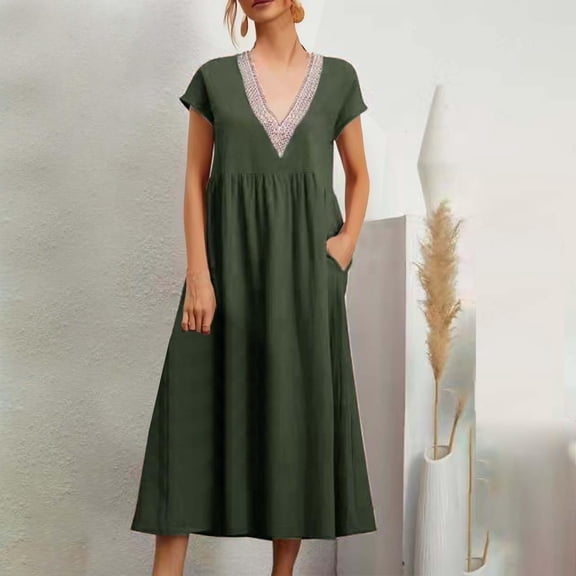 2024 European And Solid Color Lace V Neck Sleeveless Loose And Linen Pocket Dress Women Dresses below The Knee Womens Long Dresses Ladies Maxi Dress Womens Dresses Dresses Casual Women Summer Dress