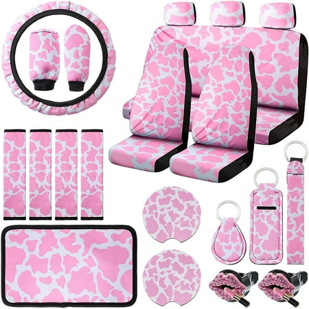 22 Pieces Cow Print Car Accessories Set Pink Seat Cover Steering Wheel Headrest 22 Pieces Cow Print Car Accessories Set, Cow Car Seat Canopy